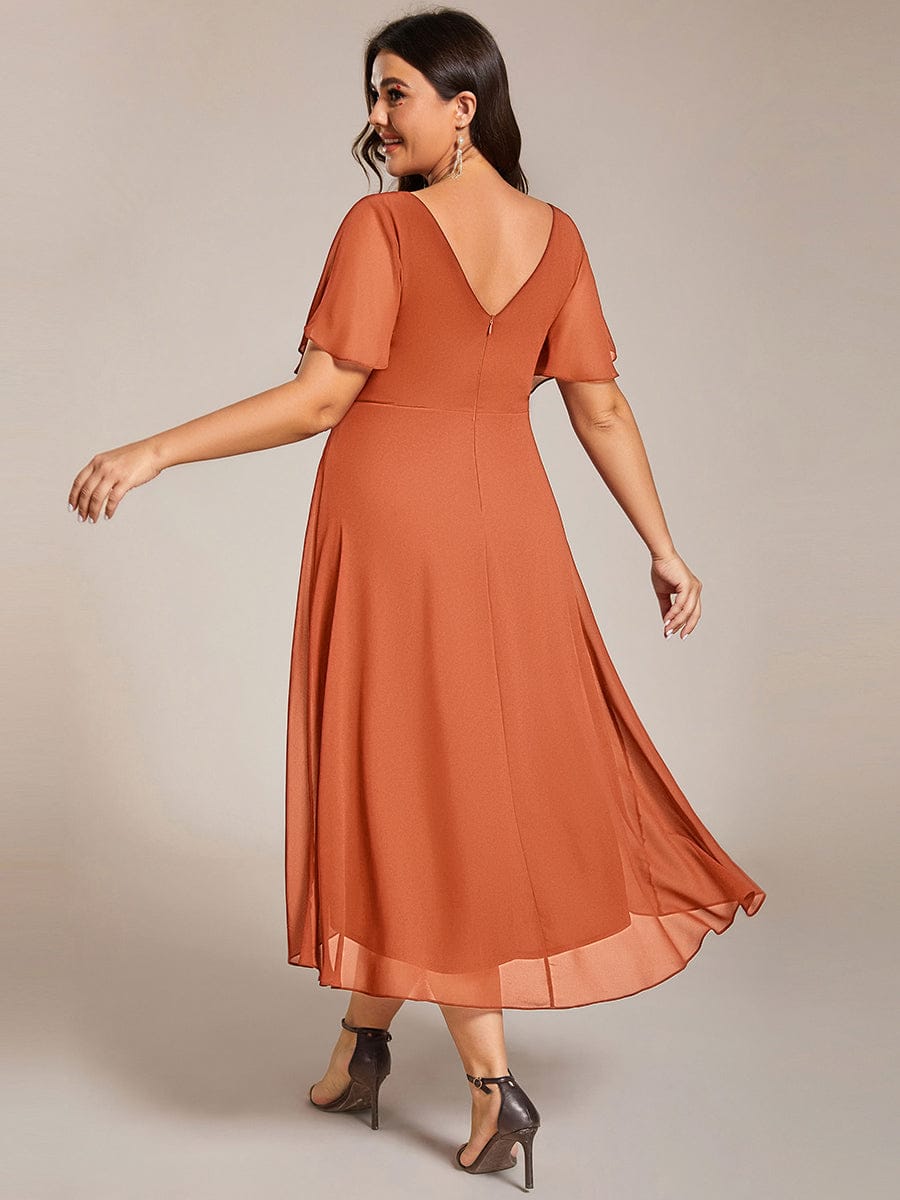 Plus size chiffon double V-neck midi wedding guest dress with ruffle sleeves for women