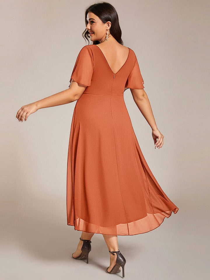 Plus size chiffon double V-neck midi wedding guest dress with ruffle sleeves for women