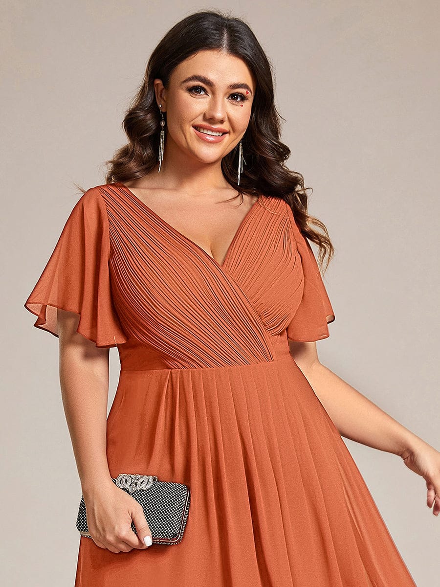 Plus size chiffon double V-neck midi wedding guest dress with ruffle sleeves for women