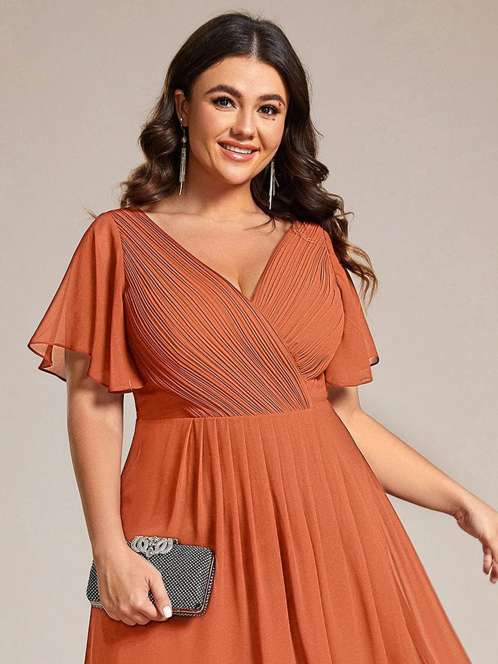 Plus size chiffon double V-neck midi wedding guest dress with ruffle sleeves for women
