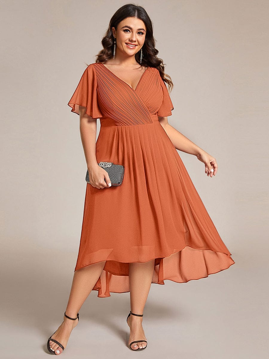 Plus size chiffon double V-neck midi wedding guest dress with ruffle sleeves for women