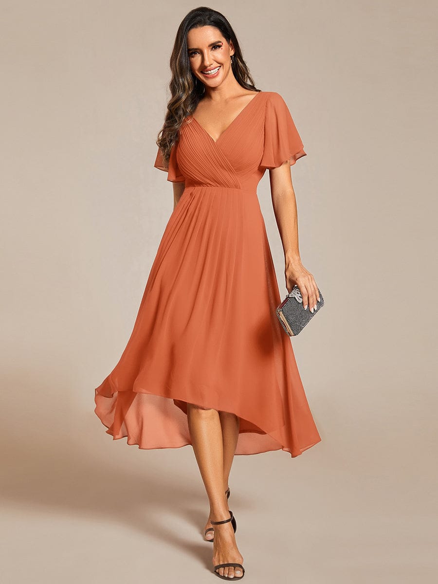 Plus size chiffon double V-neck midi wedding guest dress with ruffle sleeves for women