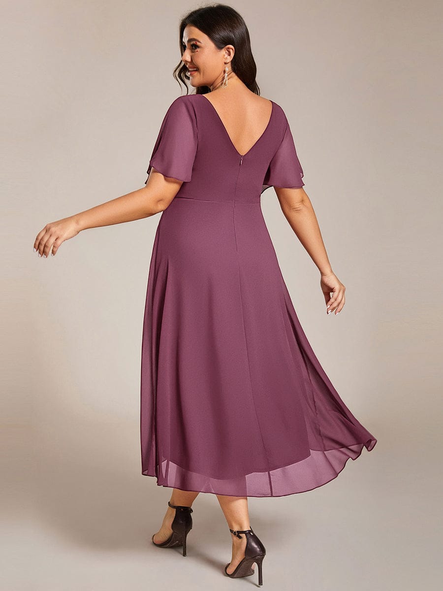 Plus size chiffon double V-neck midi wedding guest dress with ruffle sleeves for women
