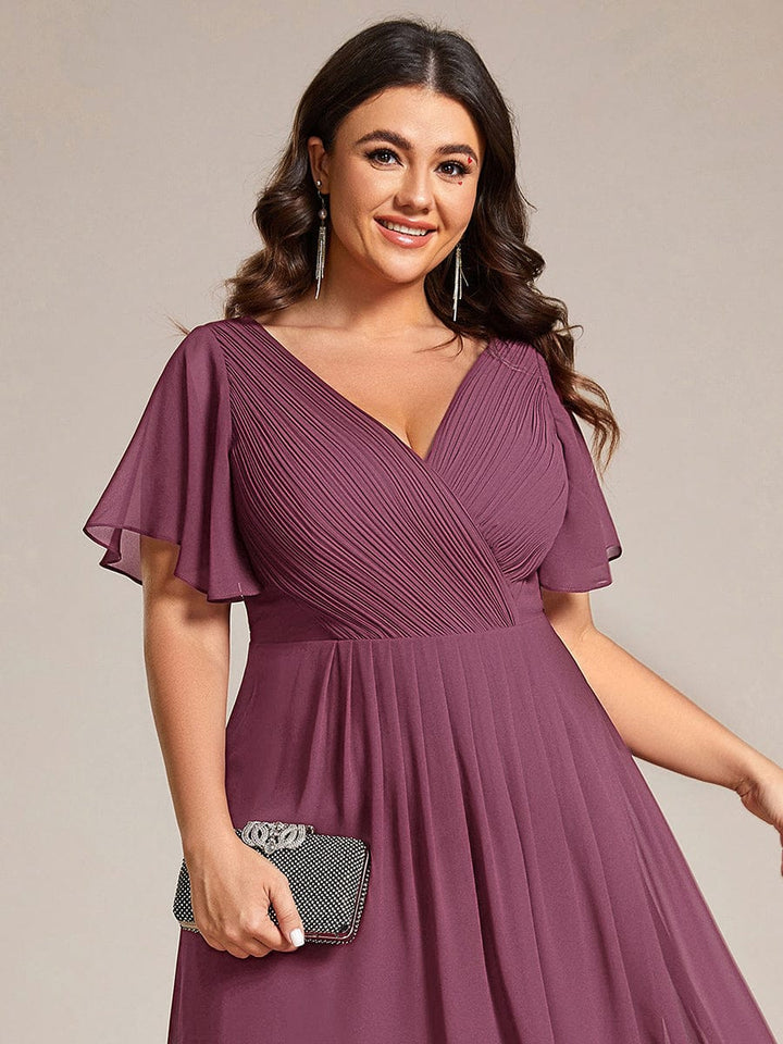Plus size chiffon double V-neck midi wedding guest dress with ruffle sleeves for women