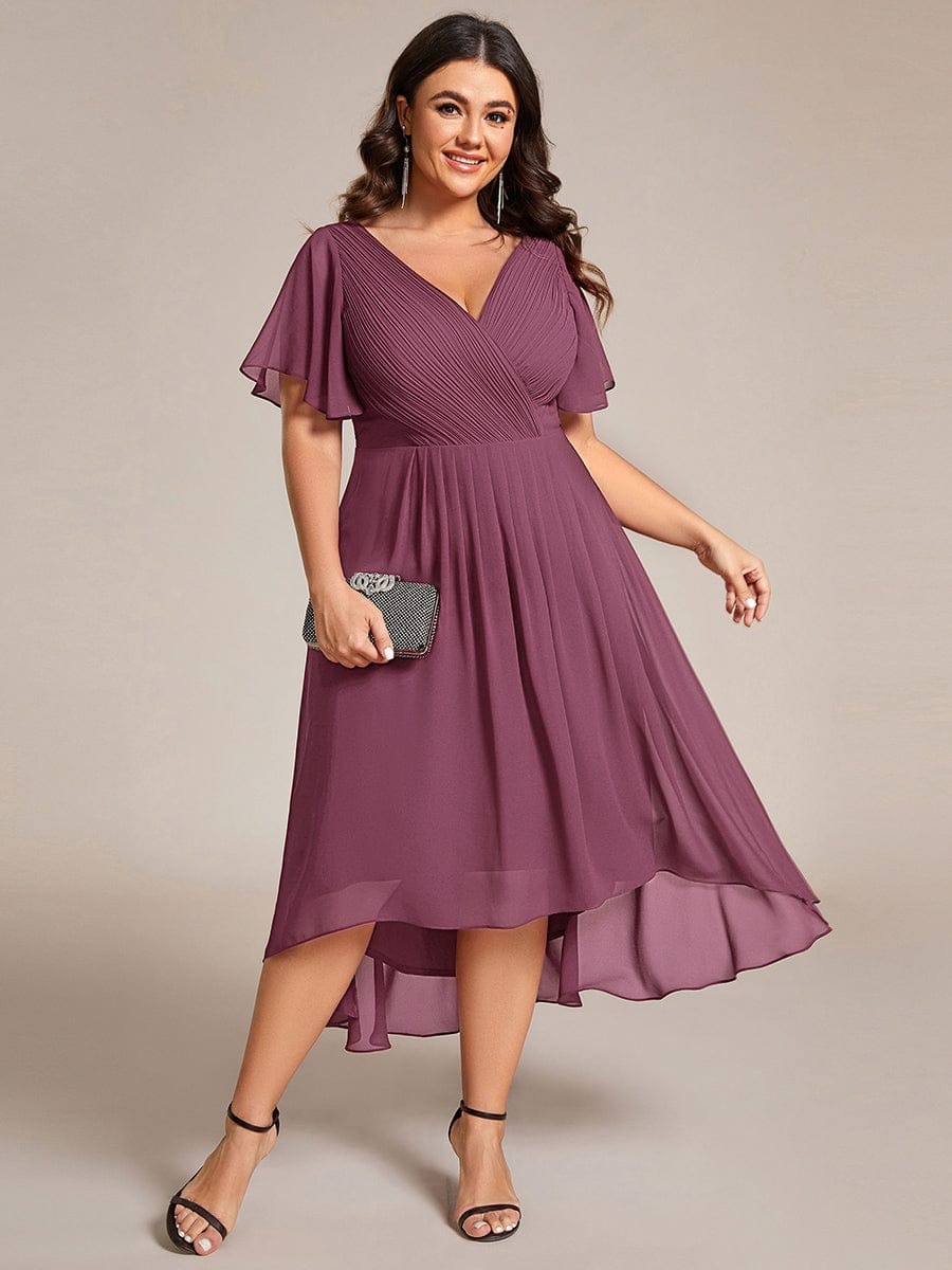 Plus size chiffon double V-neck midi wedding guest dress with ruffle sleeves for women