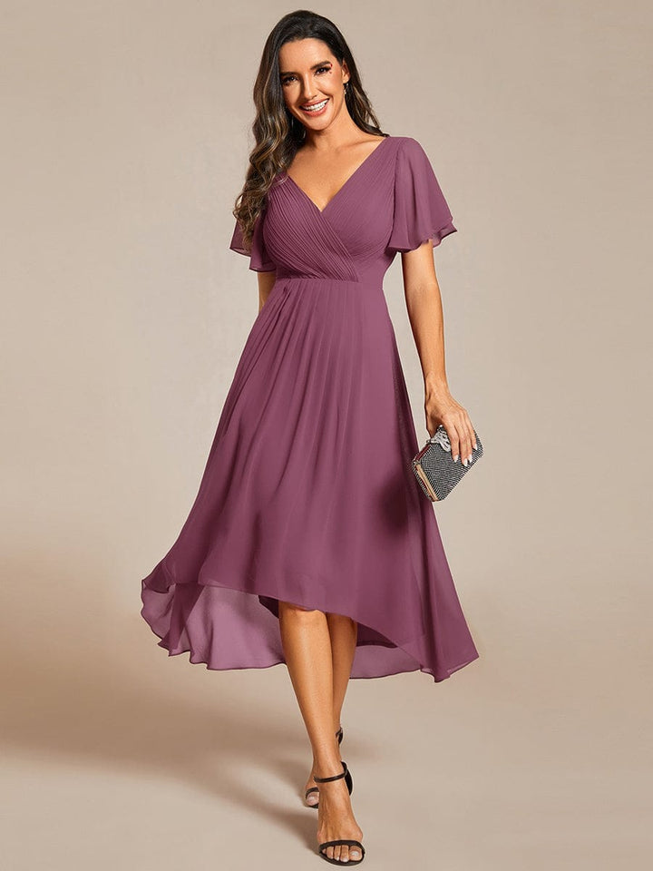 Plus size chiffon double V-neck midi wedding guest dress with ruffle sleeves for women
