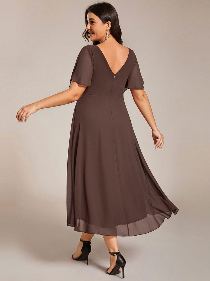 Plus size chiffon double V-neck midi wedding guest dress with ruffle sleeves for women