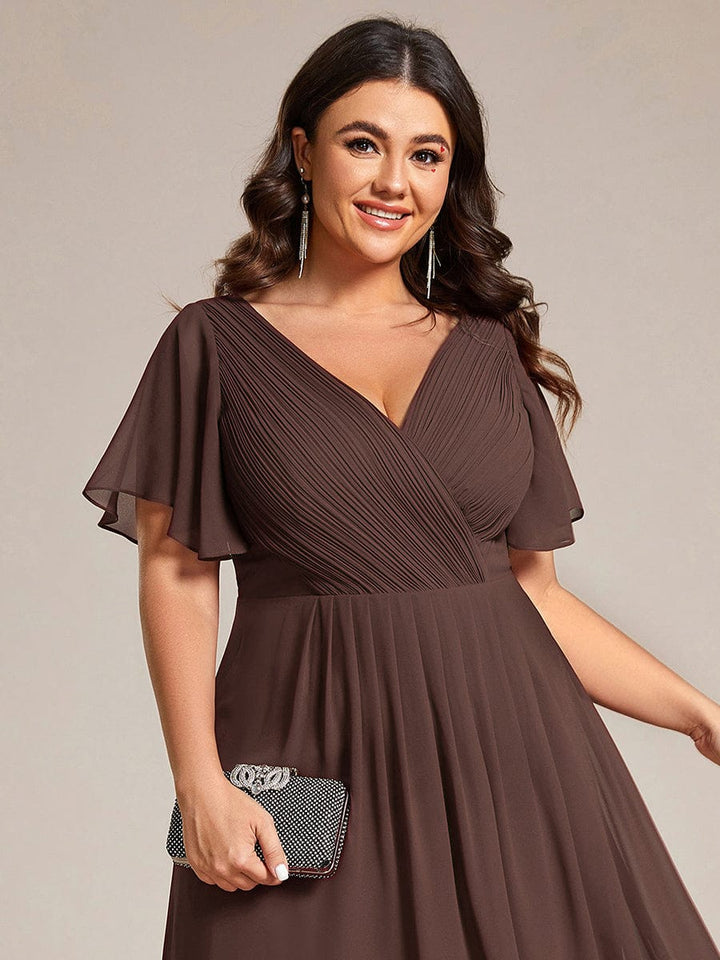 Plus size chiffon double V-neck midi wedding guest dress with ruffle sleeves for women