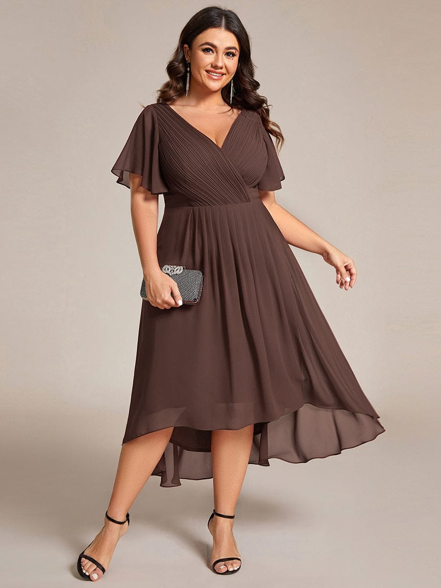 Plus size chiffon double V-neck midi wedding guest dress with ruffle sleeves for women