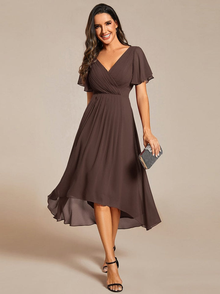 Plus size chiffon double V-neck midi wedding guest dress with ruffle sleeves for women