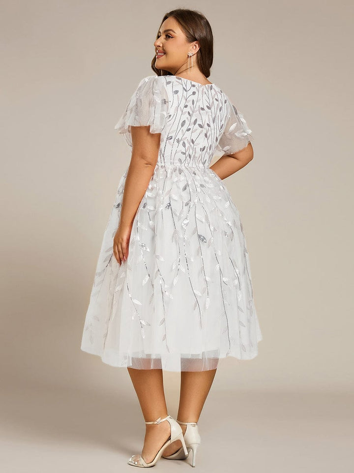 Plus size leaf sequin tulle A-line midi wedding guest dress for women