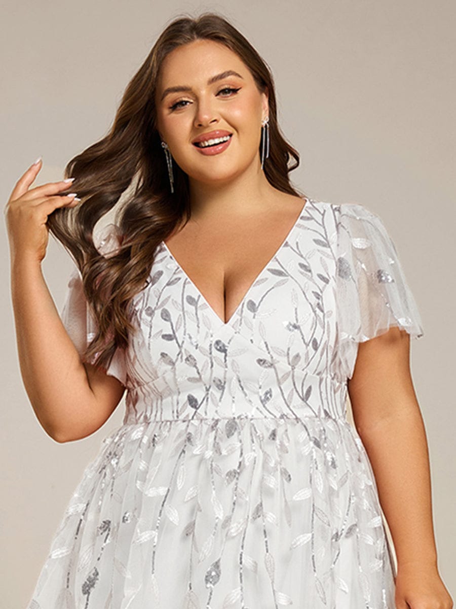 Plus size leaf sequin tulle A-line midi wedding guest dress for women