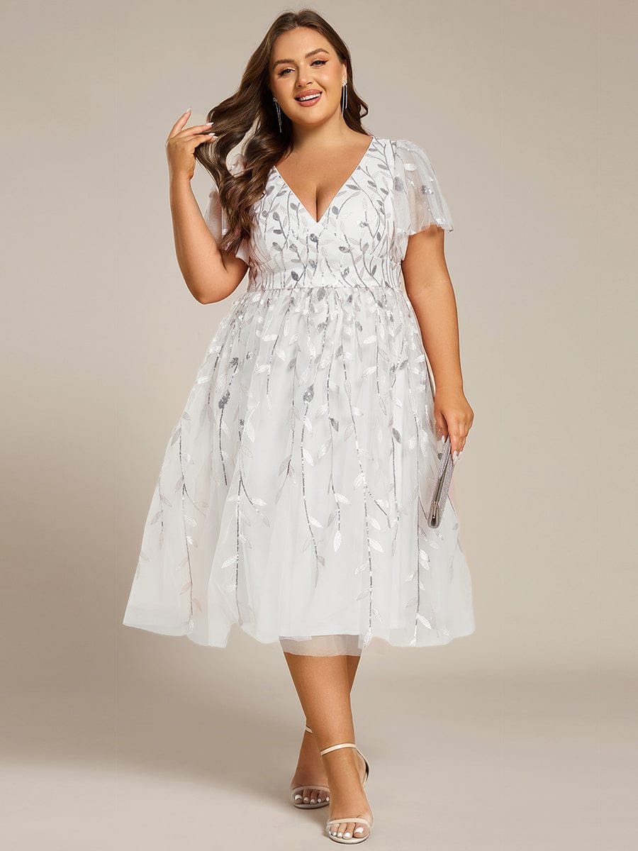 Plus size leaf sequin tulle A-line midi wedding guest dress for women