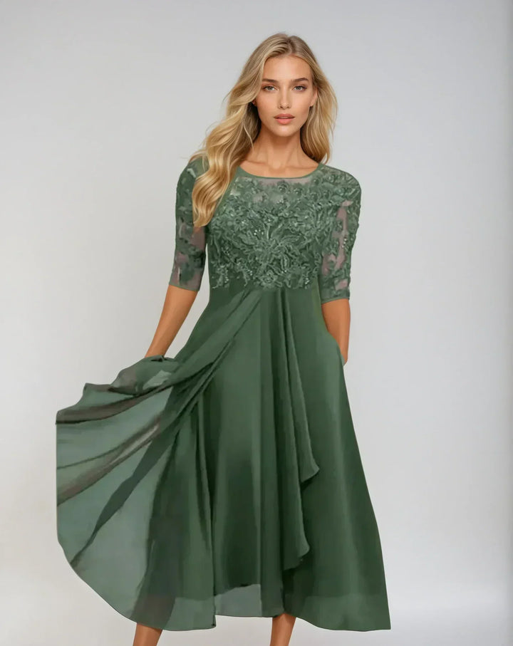 Lace midi dress with lace bodice and flowing skirt for women