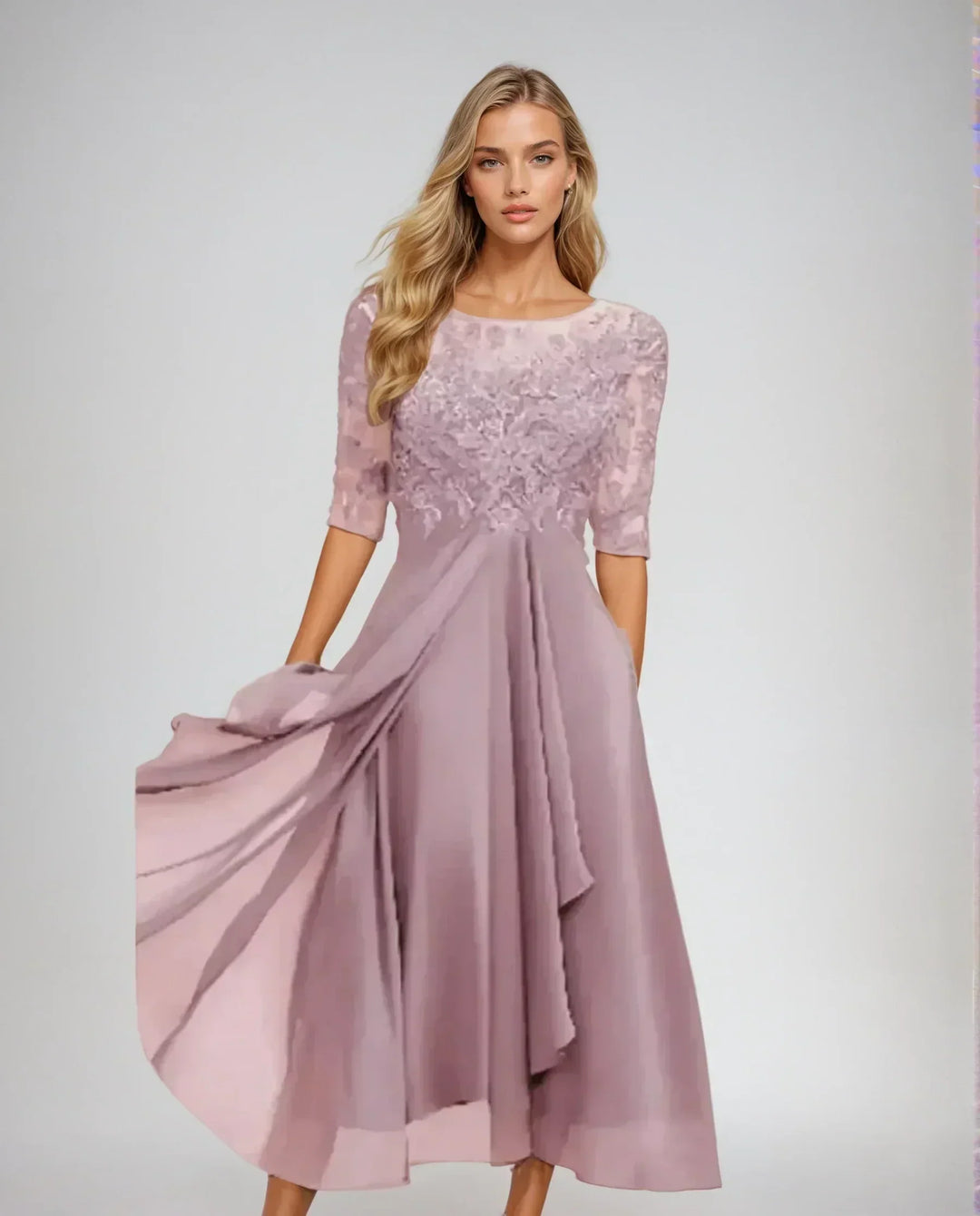 Lace midi dress with lace bodice and flowing skirt for women