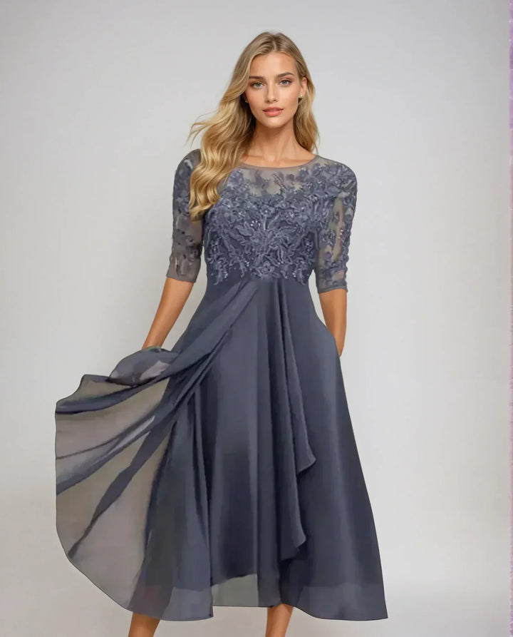 Lace midi dress with lace bodice and flowing skirt for women