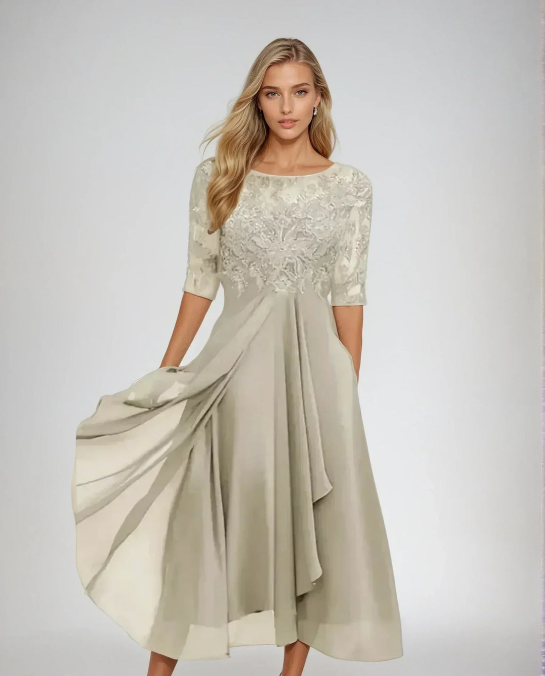 Lace midi dress with lace bodice and flowing skirt for women