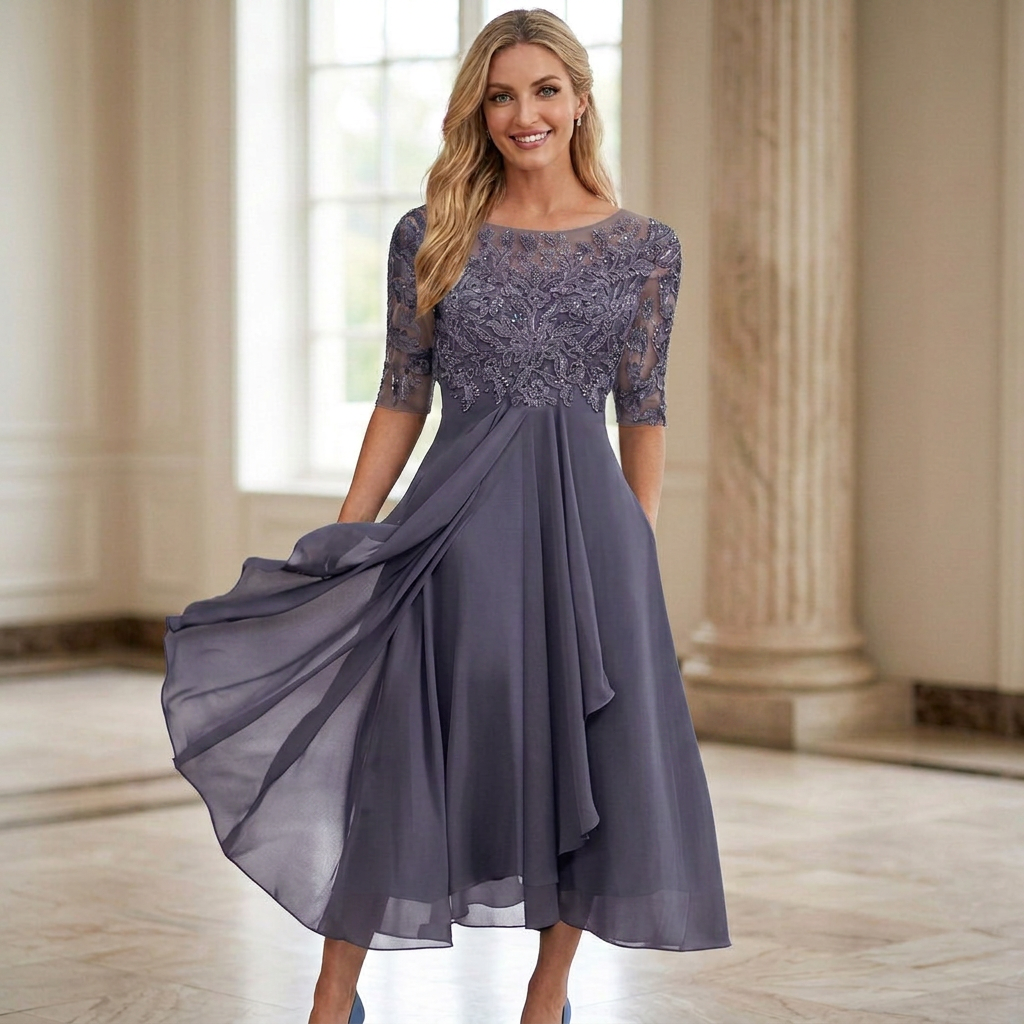 Elegant Chiffon Lace Sleeve Dress - D