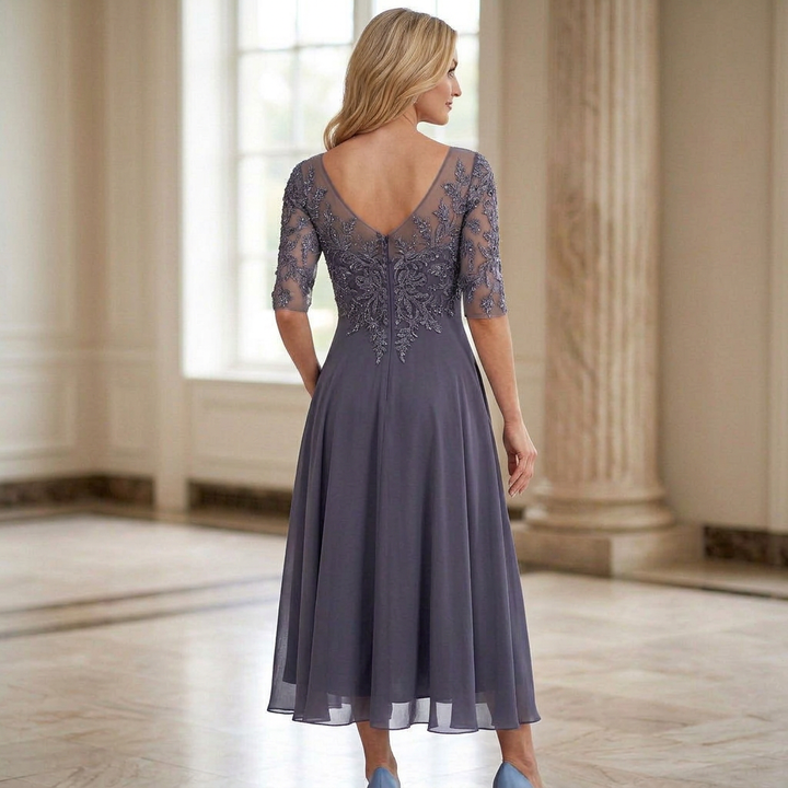 Elegant Chiffon Lace Sleeve Dress - D