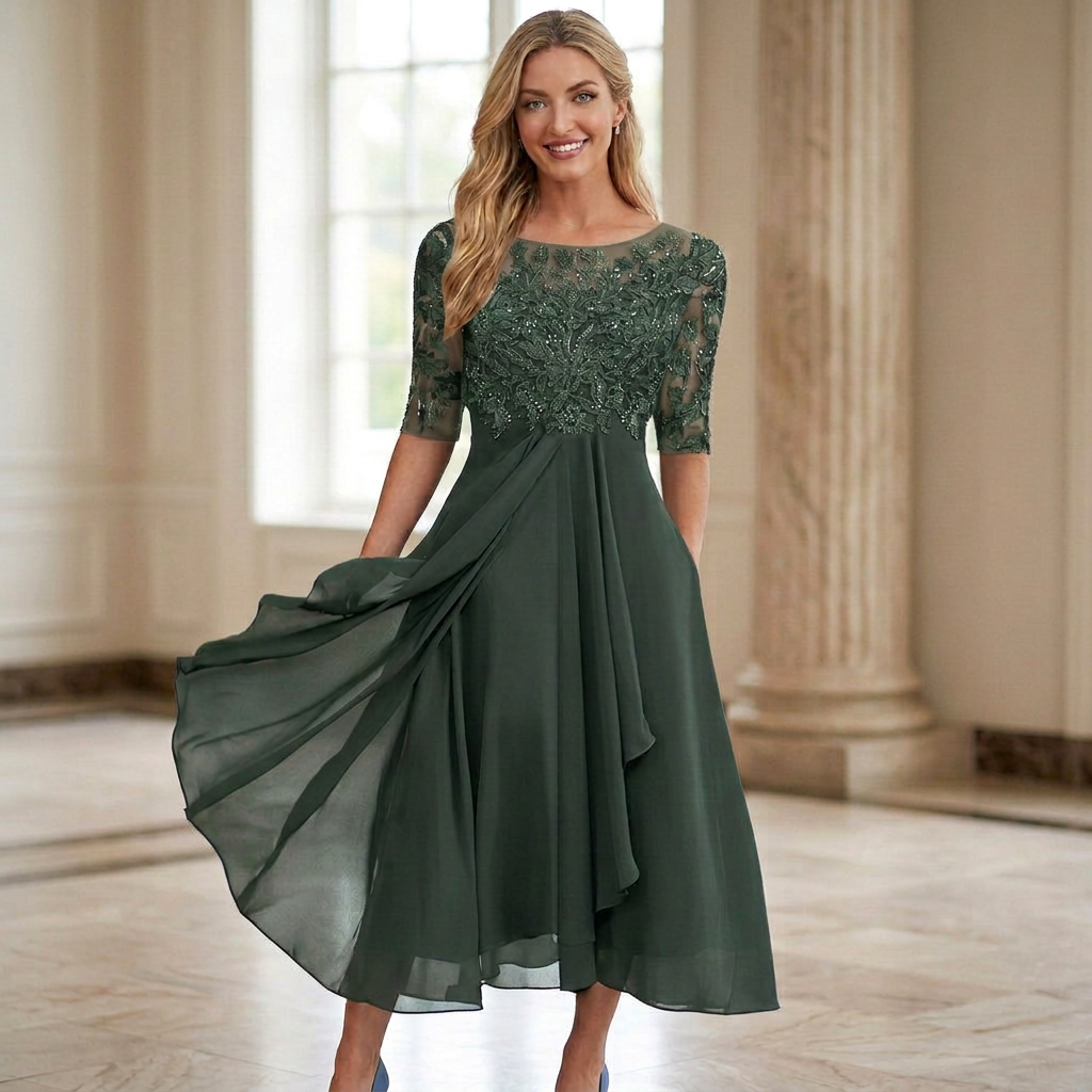 Elegant Chiffon Lace Sleeve Dress - D