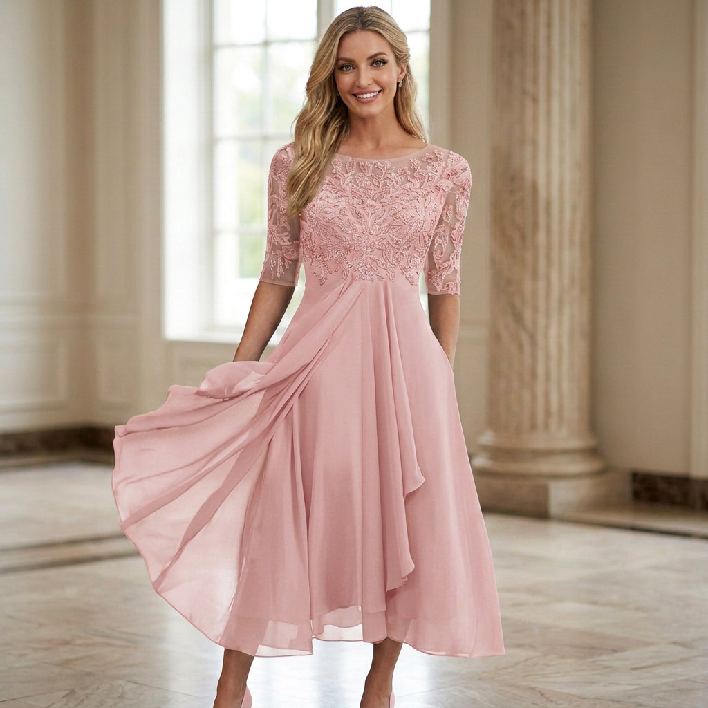 Elegant Chiffon Lace Sleeve Dress - D