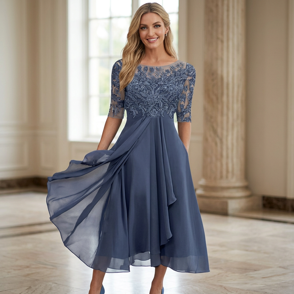 Elegant Chiffon Lace Sleeve Dress - D