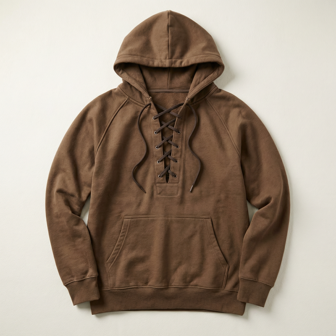 Men’s Hooded Pullover – Lace-Up Neckline