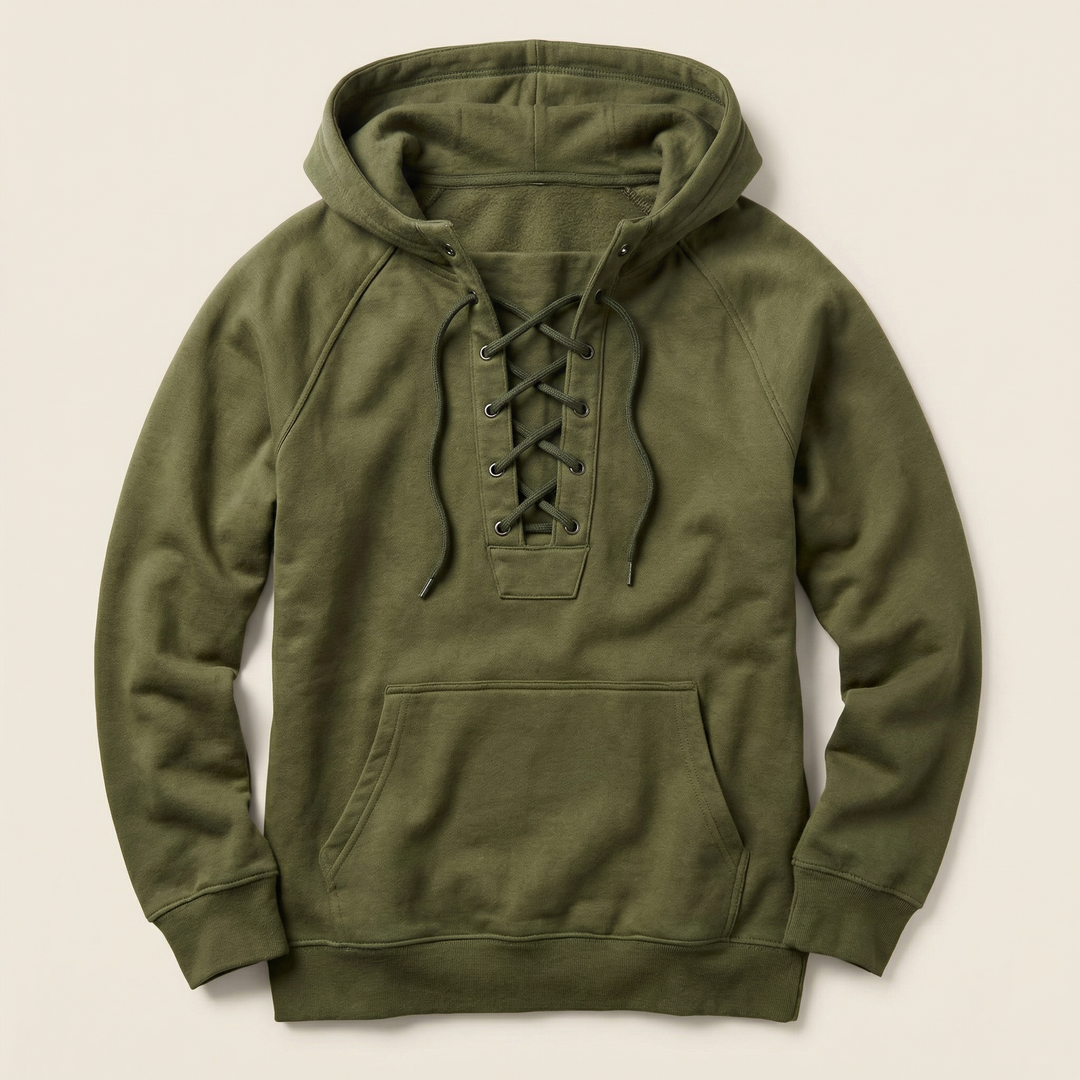 Men’s Hooded Pullover – Lace-Up Neckline