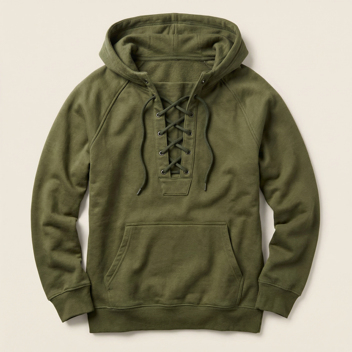 Men’s Hooded Pullover – Lace-Up Neckline
