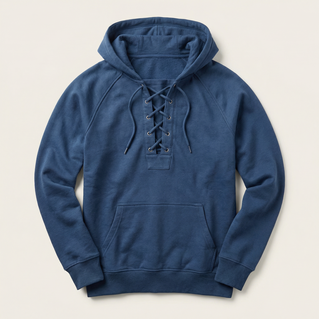 Men’s Hooded Pullover – Lace-Up Neckline