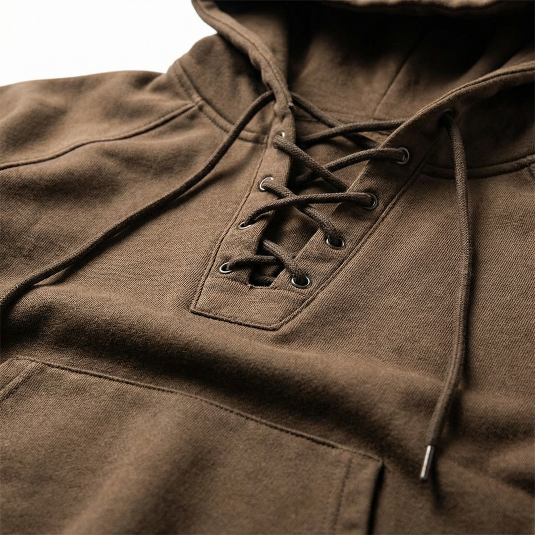 Men’s Hooded Pullover – Lace-Up Neckline