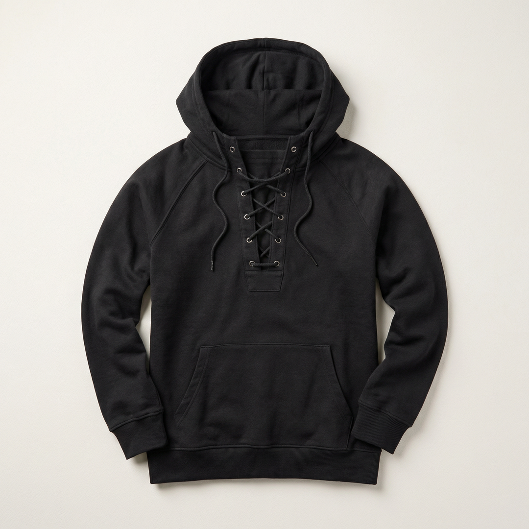 Men’s Hooded Pullover – Lace-Up Neckline