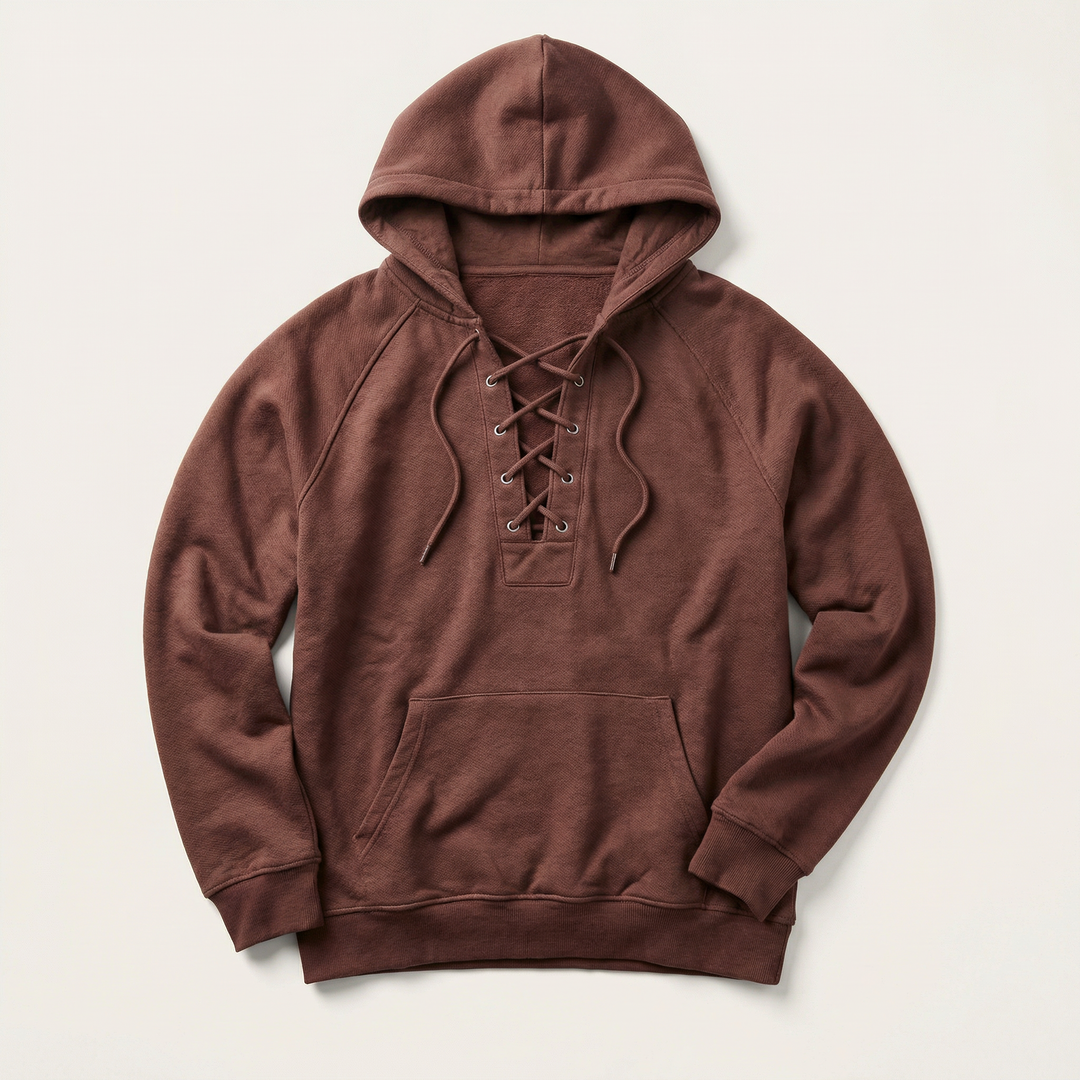 Men’s Hooded Pullover – Lace-Up Neckline
