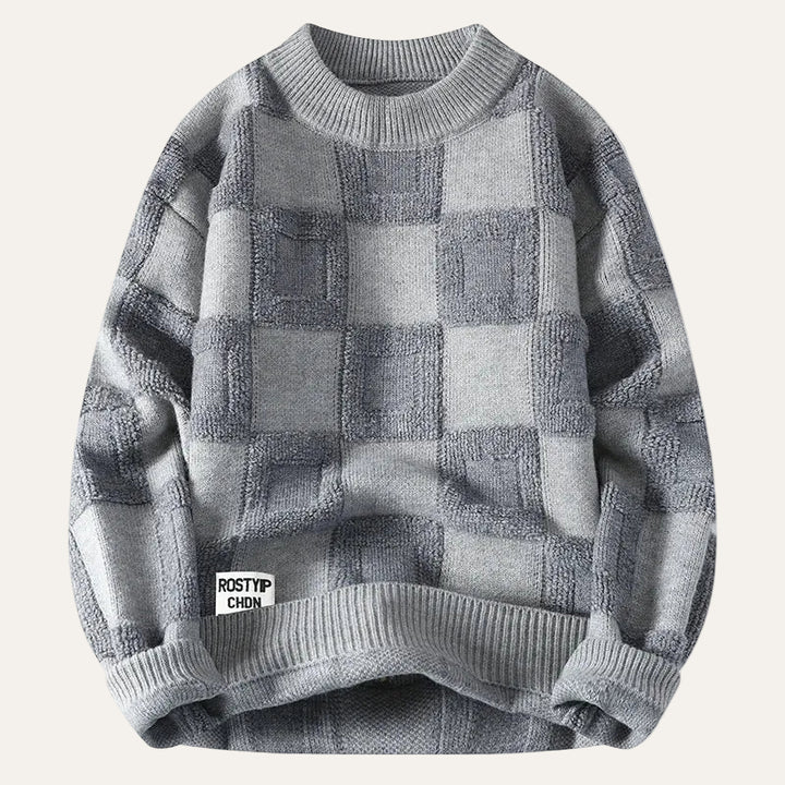 Men’s Long-Sleeve Sweater – Crew Neck, Check Pattern