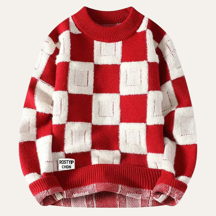 Men’s Long-Sleeve Sweater – Crew Neck, Check Pattern
