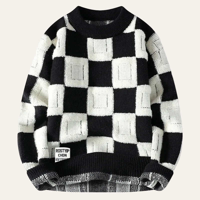 Men’s Long-Sleeve Sweater – Crew Neck, Check Pattern