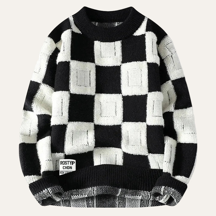 Men’s Long-Sleeve Sweater – Crew Neck, Check Pattern