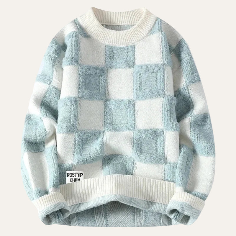 Men’s Long-Sleeve Sweater – Crew Neck, Check Pattern