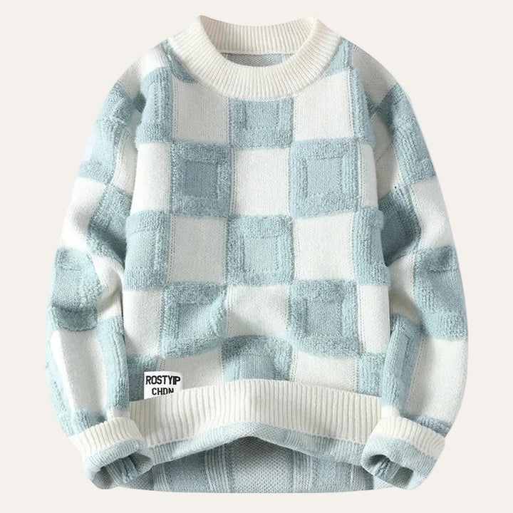 Men’s Long-Sleeve Sweater – Crew Neck, Check Pattern
