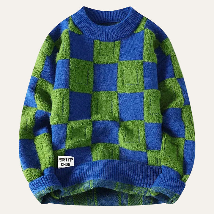Men’s Long-Sleeve Sweater – Crew Neck, Check Pattern