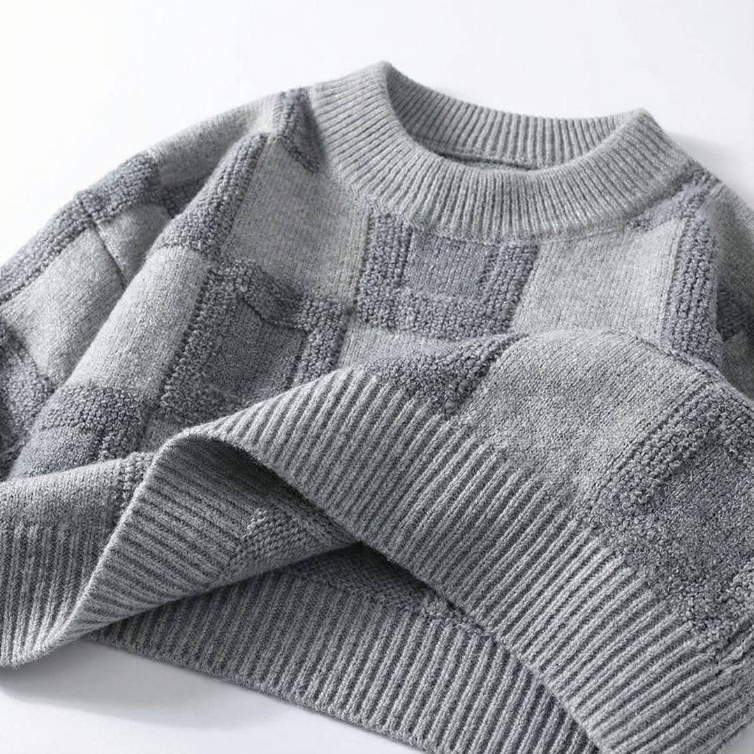 Men’s Long-Sleeve Sweater – Crew Neck, Check Pattern
