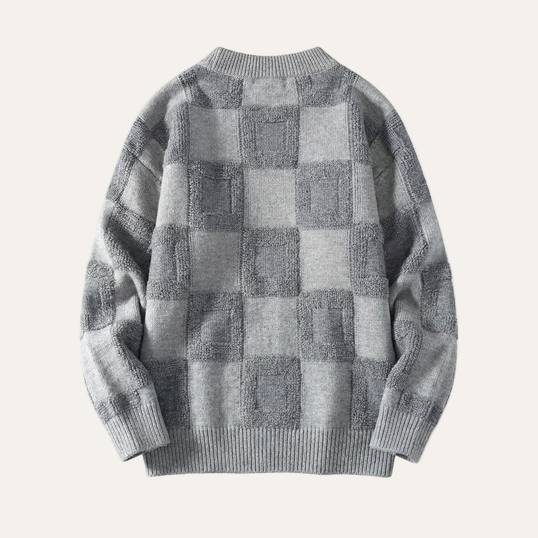 Men’s Long-Sleeve Sweater – Crew Neck, Check Pattern