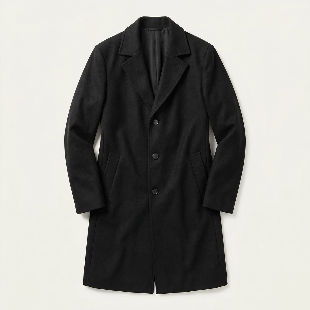 Men’s Long Coat – Button-Front Notch Collar Design