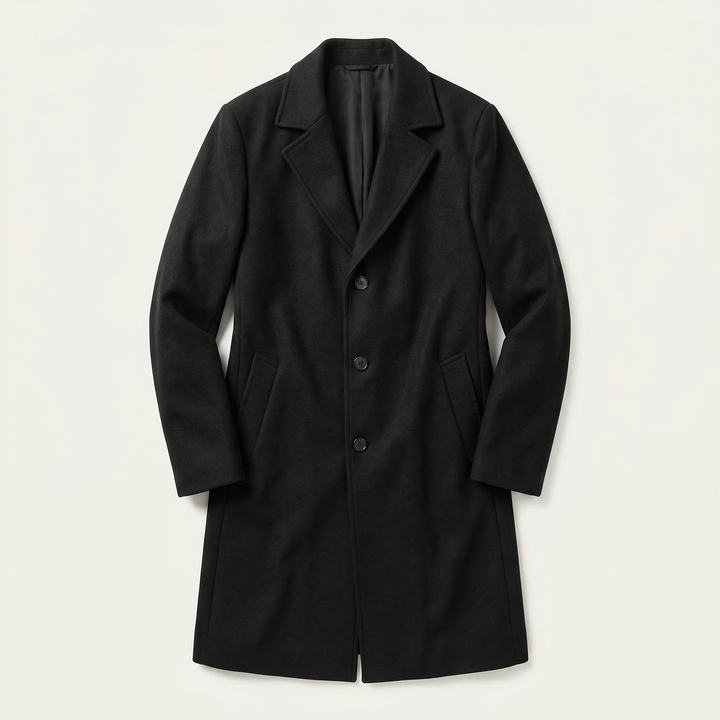Men’s Long Coat – Button-Front Notch Collar Design