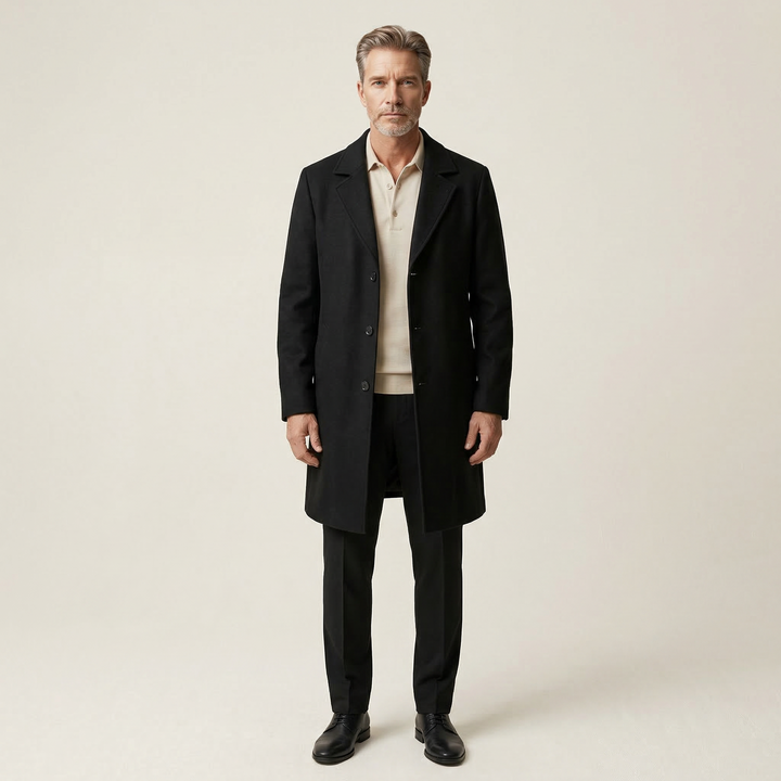 Men’s Long Coat – Button-Front Notch Collar Design