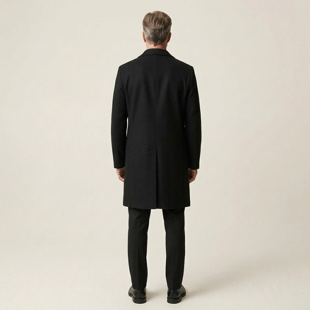 Men’s Long Coat – Button-Front Notch Collar Design