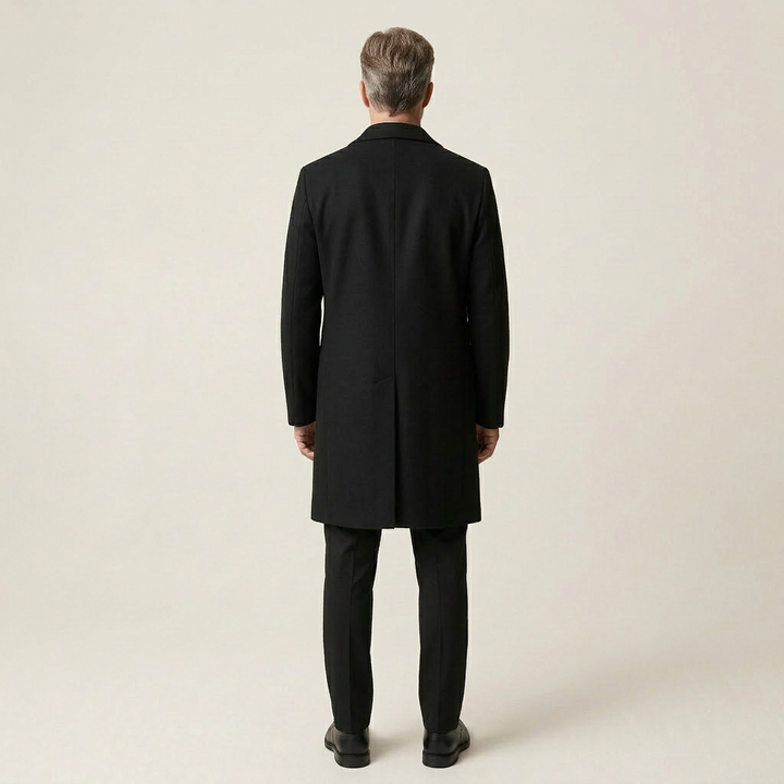 Men’s Long Coat – Button-Front Notch Collar Design