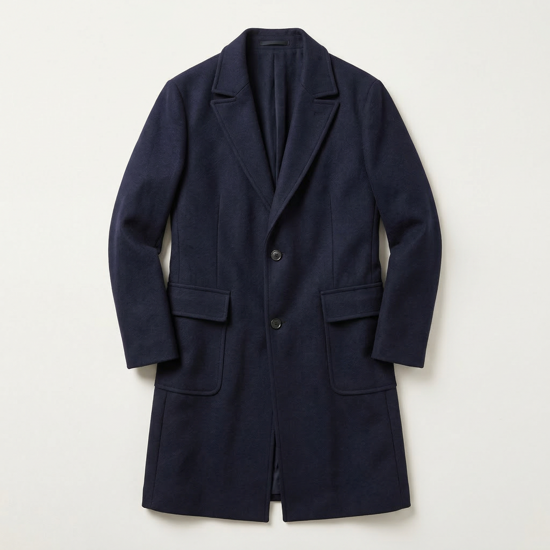 Men’s Long Coat – Button-Front Notch Collar Design