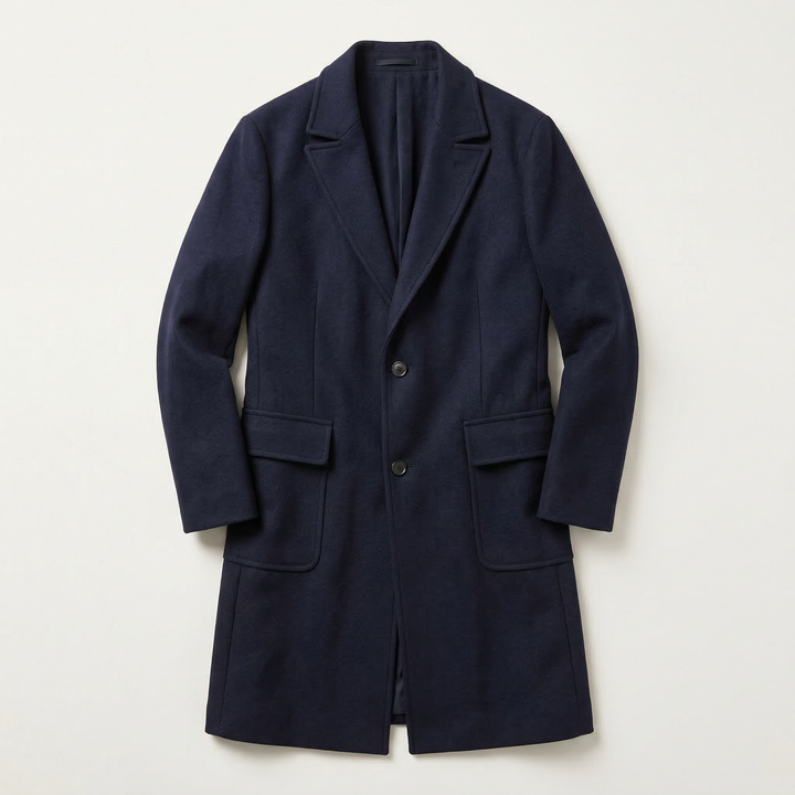 Men’s Long Coat – Button-Front Notch Collar Design