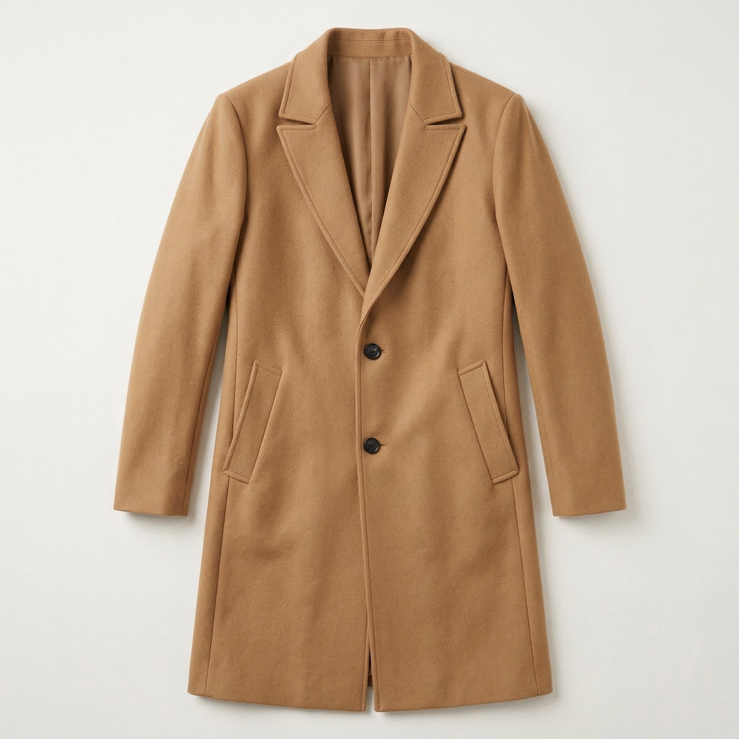 Men’s Long Coat – Button-Front Notch Collar Design